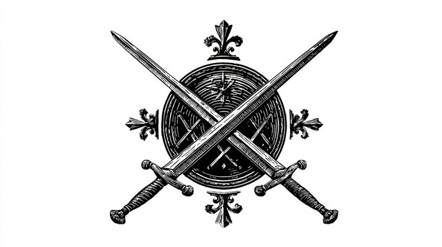 Vintage Design of Two Crossed Swords and Decorative Shield Emblem