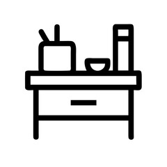 Vector art of a black and white line drawing of a bedside table with a drawer and items on top, minimalist and modern design