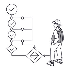 Vector art of a worker is standing in front of a flowchart, with circles and diamonds, in a line art style illustration
