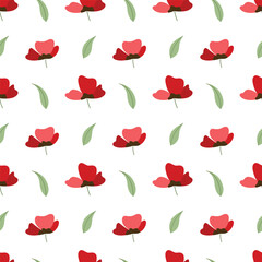 cute floral seamless pattern with red flowers and green leaves, hand drawn minimal spring design