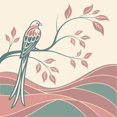 Vector art of elegant bird perched on a branch, a serene illustration with a long tail, set against a backdrop of stylized waves and leaves, evoking tranquility