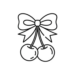 Simple outline drawing of two cherries tied with a ribbon bow