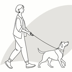 Vector art of line art illustration of a woman walking a dog female figure with pet on leash, outdoor activity, lifestyle and companionship