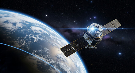 Modern communication satellite orbiting earth with solar panels extended against starry background