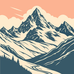 Vector art of majestic mountain range illustration with snowcapped peaks, winding river, and a serene sky, evoking a sense of adventure and natural beauty in a minimalist style