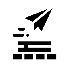 Vector art of paper airplane soaring above a wall, representing overcoming obstacles, achieving goals, and reaching new heights with simple design