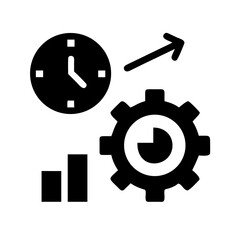 Vector art of time management icon with clock, gear, graph and arrow, representing efficiency, productivity, and progress