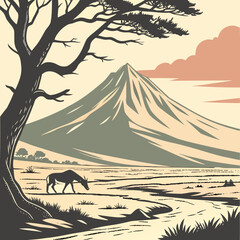 Vector art of tranquil landscape illustration showcasing a majestic mountain, a grazing animal, and a winding path, capturing the essence of natures beauty and peacefulness