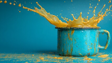 Vibrant orange liquid explosively splashes from a rustic teal enamel mug, creating dynamic droplets against a bold blue backdrop, capturing motion and energy.