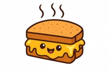 Hot grilled cheese sandwich character smiling, fresh, cheesy meal mascot with melting yellow cheese and steam