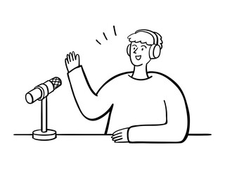 Man Recording a Podcast, Broadcast. Hand Drawn People Illustration.