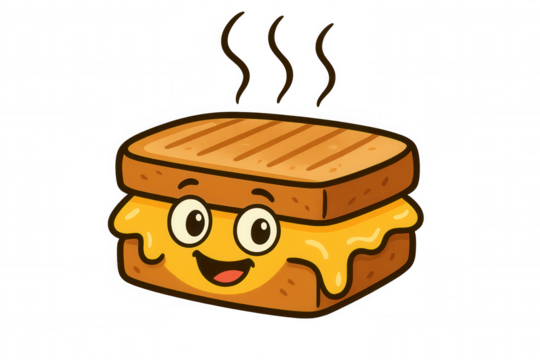 Grilled cheese sandwich cartoon character smiling, hot cheesy snack food mascot, happy food concept on transparent background