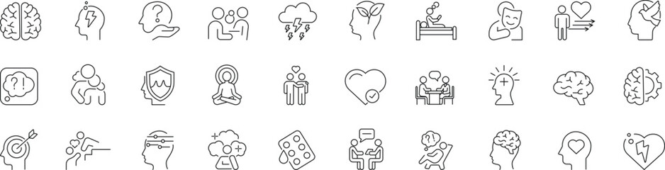  Psychology Line Icon Set. Includes outline icons of brain, mind, behavior, emotions, and mental health. Perfect for therapy, education, and wellness themes Editable stroke 