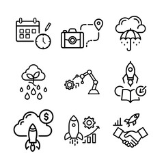 Fototapeta premium Collection of Business Concept Icons Showcasing Development Strategy, Time Management and Modern Technology, Investment, Growth, Cooperation and Progress