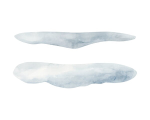 Cute puddles. Blue glade, snowfield. Arctic landscape elements. Watercolor hand drawn illustration with icefloes isolated