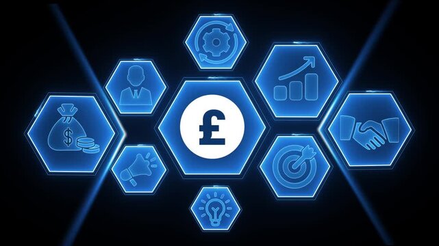 Blue Hexagonal Infographic Network With Central British Pound Symbol And Business Icons finance - Powered by Adobe