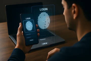 Man logging into digital system with virtual fingerprint hologram. Representation of online access, personal security and futuristic technology.