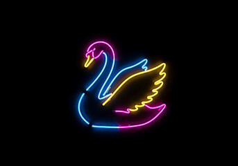 Obraz premium Multicolored neon swan sign glowing brightly in the dark, featuring vibrant blue, magenta, and yellow light tubes.
