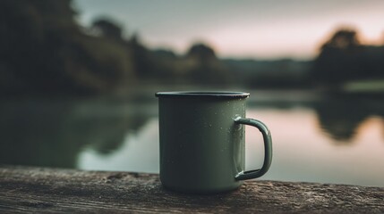 Cozy green enamel mug with dew drops rests on weathered wood by calm lake at dawn, evoking peaceful morning tranquility and outdoor adventure.