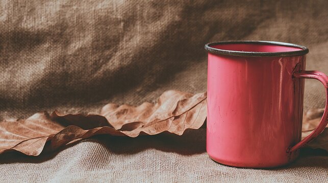 Rustic charm with a pink enamel mug and dried leaf on burlap, evoking cozy autumnal vibes and simple pleasures for lifestyle projects and seasonal designs