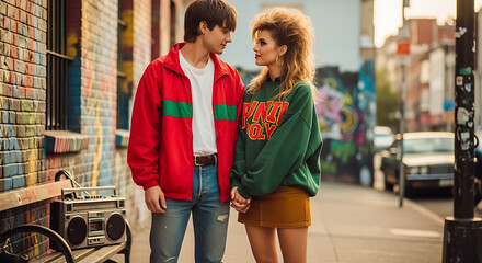Stylish young couple in retro fashion standing on a city street with a boombox