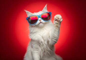 Cool fluffy white cat wearing sunglasses and waving its paw on a red background.