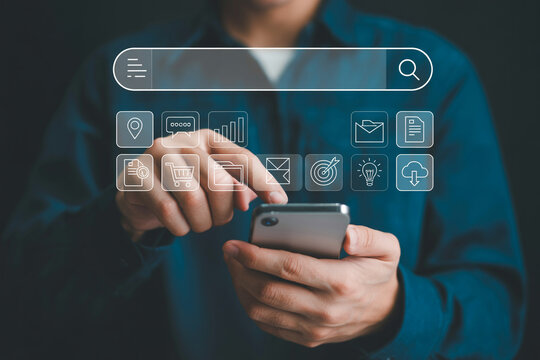 Man using smartphone for online search and digital marketing strategy with seo optimization concept - Powered by Adobe