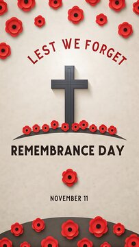 Remembrance day memorial with a cross, poppies, and text lest we forget