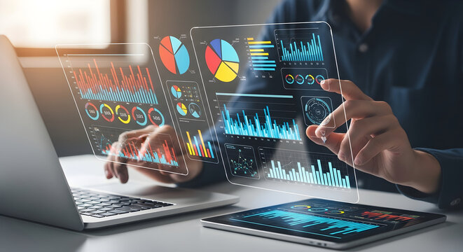 Person analyzing financial data on a futuristic holographic interface