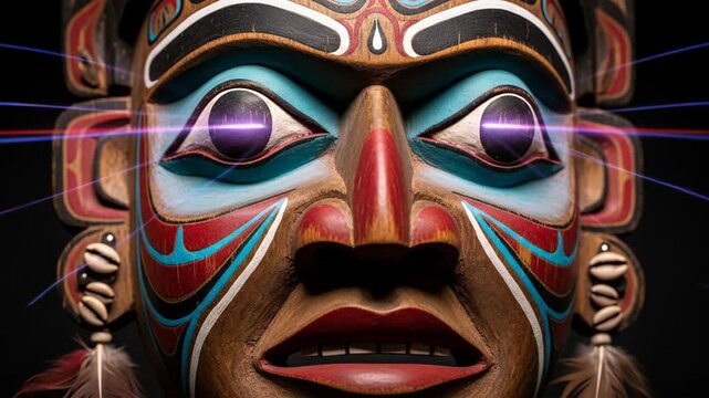 Indigenous mask with glowing eyes and laser beams.
