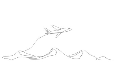 Continuous one line drawing of an airplane flying above mountain peaks or ocean waves, symbolizing freedom, travel, and adventure in minimalist style. Vector Editable stroke