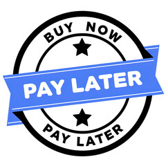 A circular badge design featuring "Buy Now" and "Pay Later" in bold text, promoting a payment option with a blue ribbon