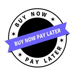 A circular emblem promoting a "Buy Now, Pay Later" payment option, featuring bold text and a vibrant blue ribbon