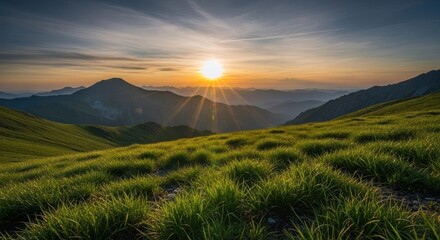 Mountain meadow at sunset. Lush green grass slopes gently upward to a distant mountain range.