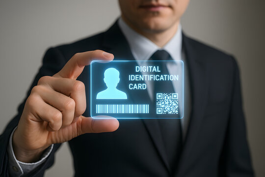 Businessman holding virtual identification card hologram. Concept of cybersecurity, online verification, data control and personal digital identity.