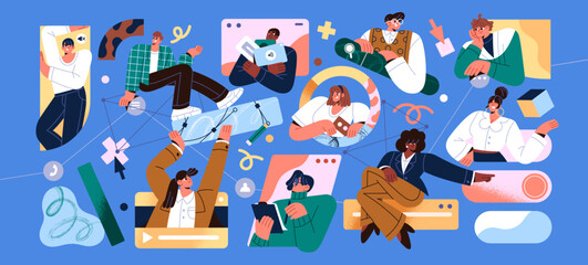 Communication of business team with a video call. Workflow of remote work and online meetings. Teamwork of employees concept. Workers discuss setting tasks together. Flat isolated vector illustration