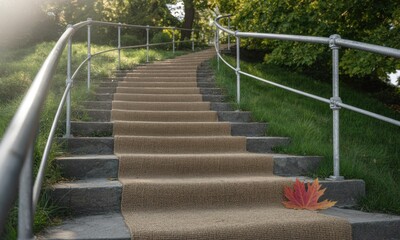 Outdoor stone steps with a light brown carpet-like covering, ascending a hill, metal railings, and a single maple leaf