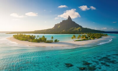 Pristine island paradise. Serene, secluded beach surrounded by turquoise water and a dramatic volcanic peak rises from the cerulean ocean. Lush vegetation and palm trees dot the white-sand shore