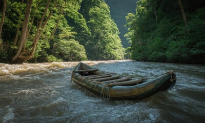 Raft on a rushing river, dense jungle