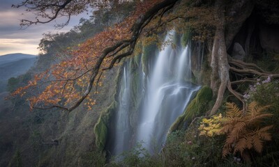 Majestic waterfall cascading down a moss-covered cliff face, framed by a colorful autumnal tree branch