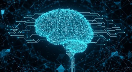 A digital brain with circuit patterns and connected lines on a dark polygonal background