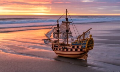 Obraz premium Miniature ship on a golden beach at sunset