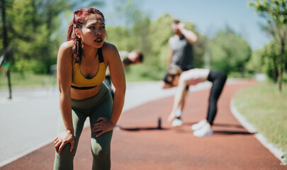 A group of athletes pauses for a break during an intense outdoor workout session on a clear day,...