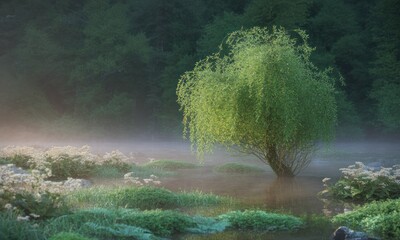 Misty morning in a tranquil marsh, featuring a weeping willow