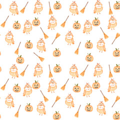 Cute Watercolor Halloween Owl Pattern with Pumpkins and Brooms