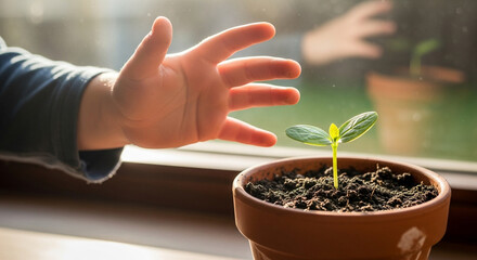 A childs hand reaching for a small plant in a pot by the window, symbolizing growth and nurturing