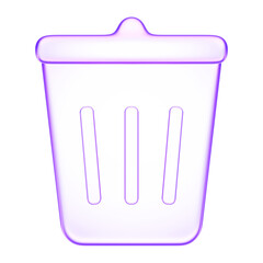 3D glassmorphism trash bin icon with clean glossy surface. Minimal purple gradient design symbolizing delete, recycle, or remove action in digital environment.