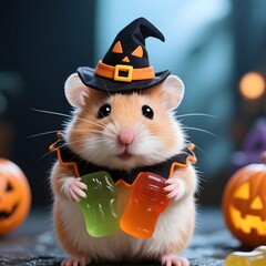 4k high quality Ai generative HD art work photo realistic Halloween pumpkin witch cute ghost spooky scary outfit costume pet hamster gummy bear candy kawaii mini small