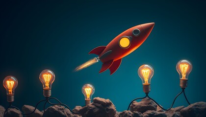 A red rocket ship takes off above glowing light bulbs, representing innovation and ideas.