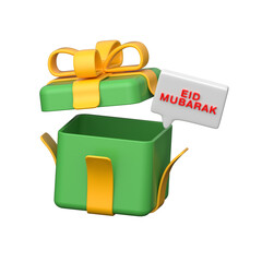 Festive 3D Eid gift box wrapped with ribbon and Eid Mubarak tag